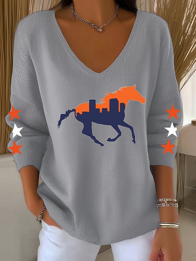 Women's Football Print Knit Long Sleeve Top