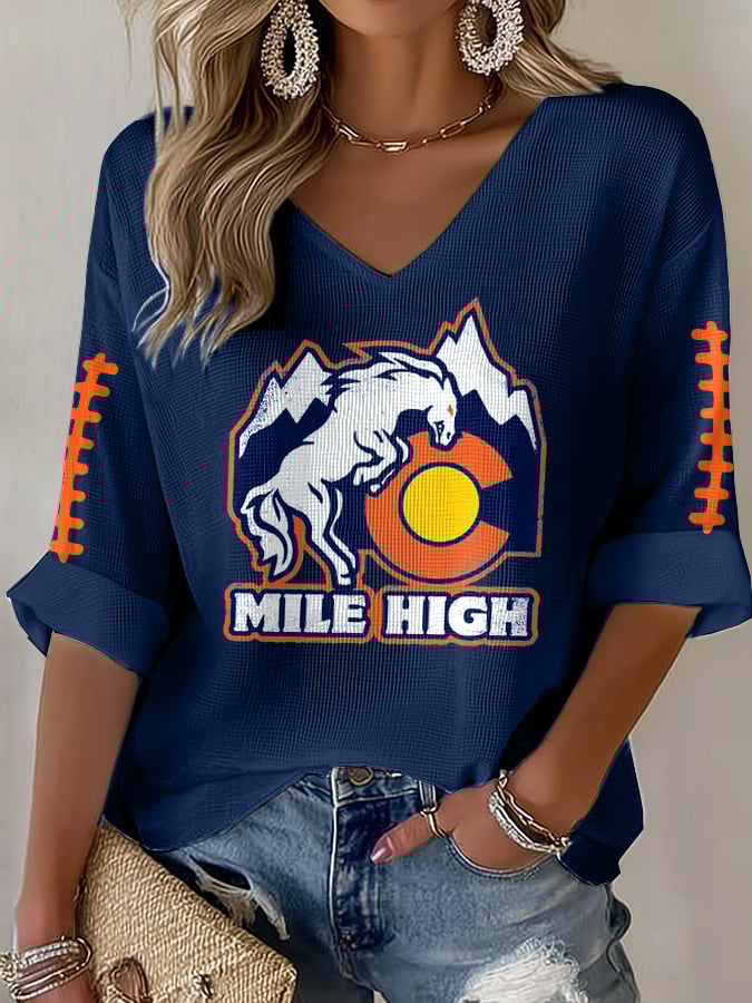 Women's Rugby Print Waffle Long Sleeve T-Shirt