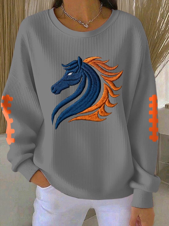 Women's Rugby Print Knit Crew Neck Long Sleeve Top