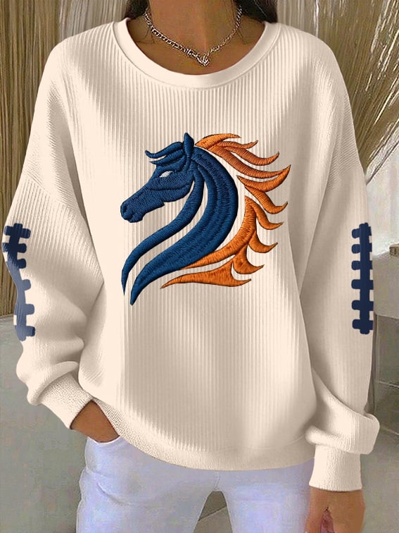 Women's Rugby Print Knit Crew Neck Long Sleeve Top