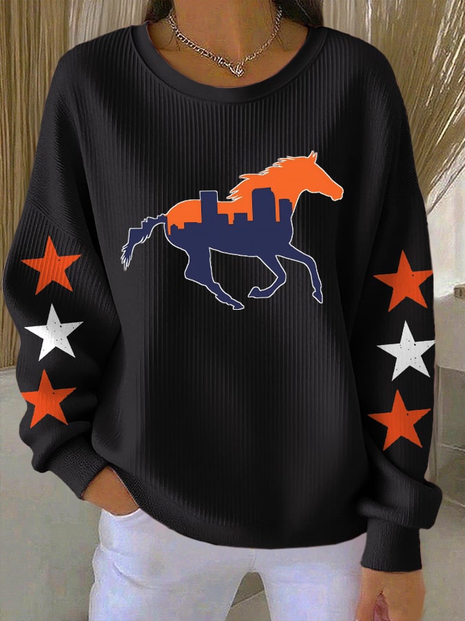 Women's Football Print Knit Crew Neck Long Sleeve Top