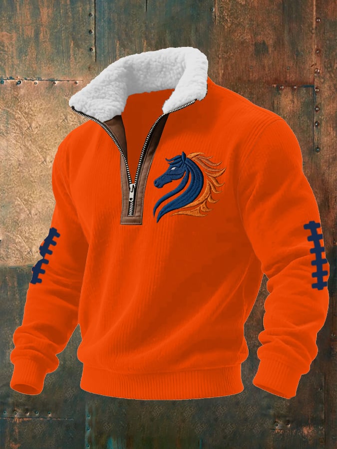 Men's rugby print knit sweatshirt with zipper and fur collar