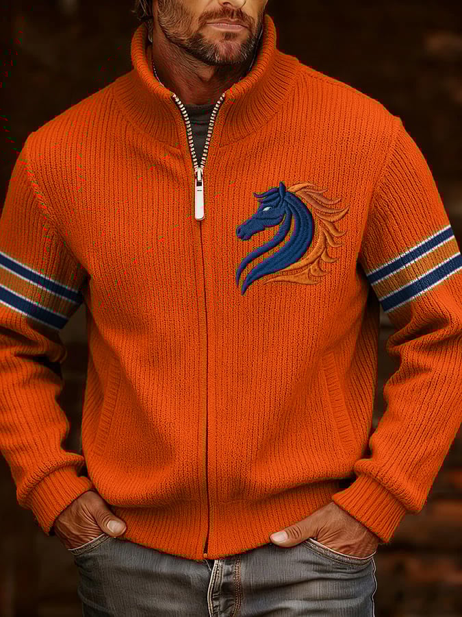 Men's Retro Rugby Print Knit Jacquard Zipper Plush Comfort Jacket