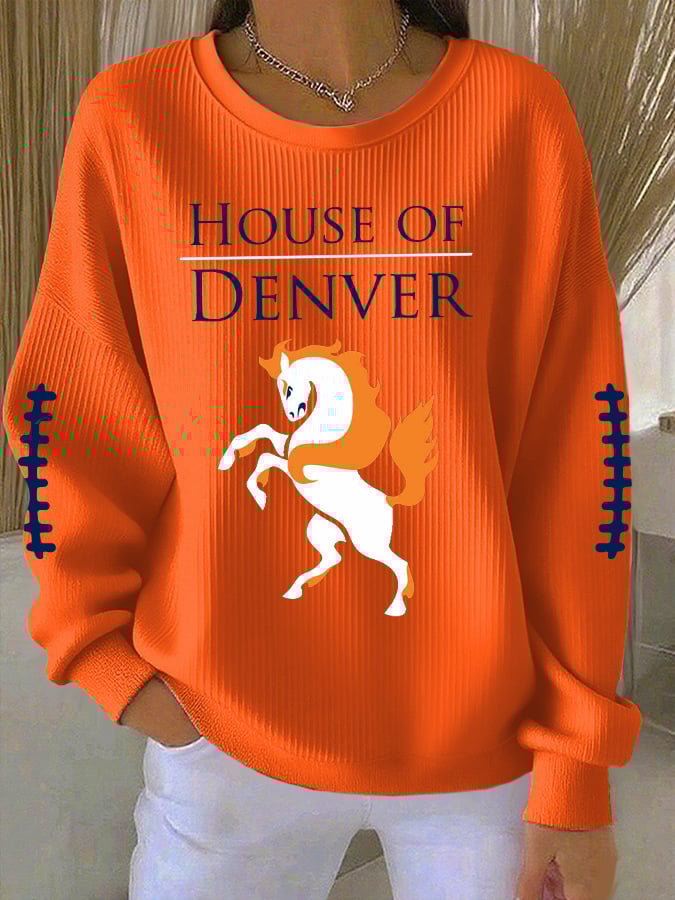 Women's Rugby Print Knit Crew Neck Long Sleeve Top