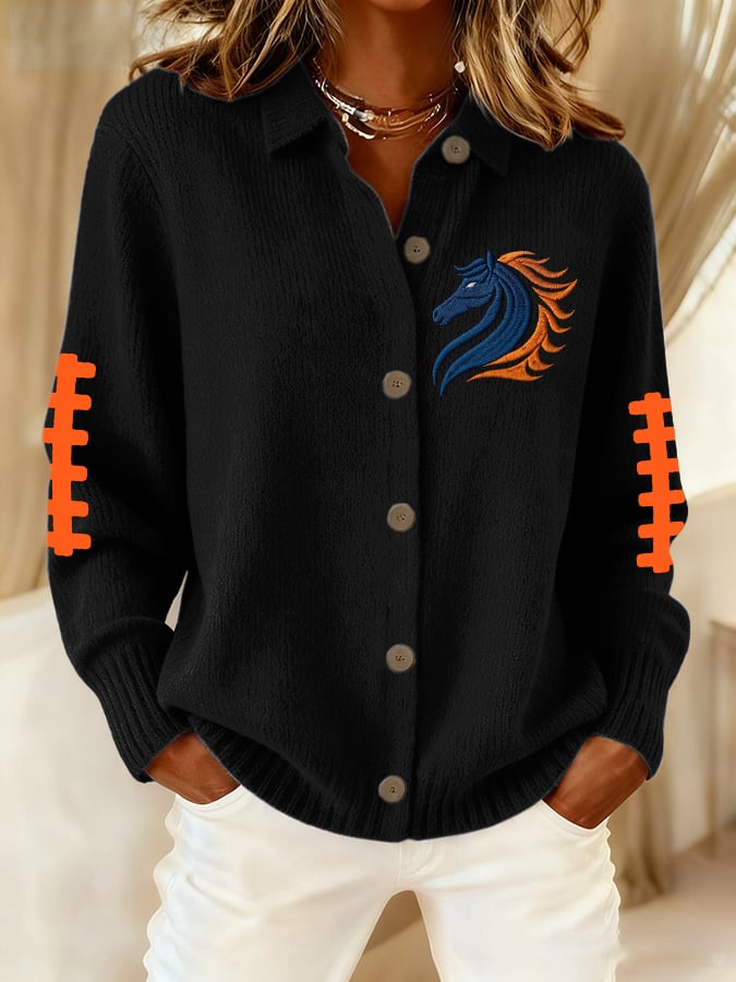 Women's rugby print casual collared knit top