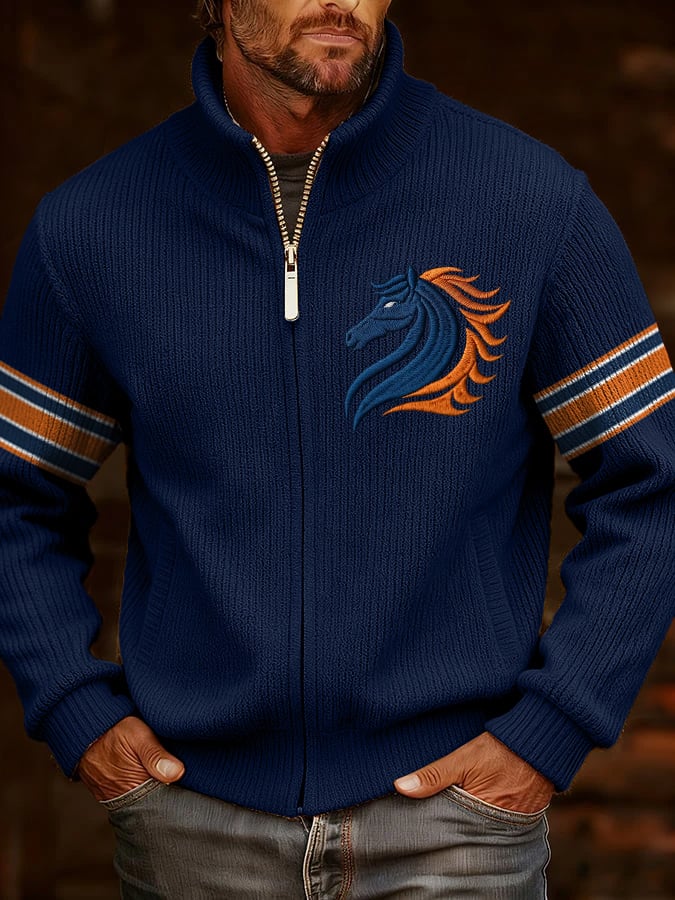 Men's Retro Rugby Print Knit Jacquard Zipper Plush Comfort Jacket