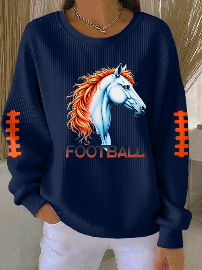 Women's Rugby Print Knit Crew Neck Long-Sleeved Top