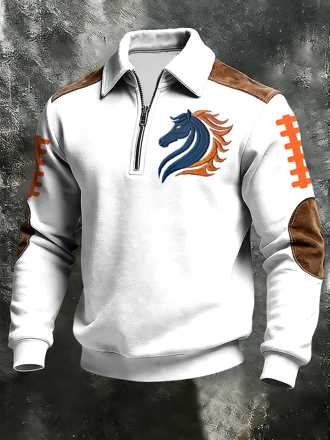 Men's Vintage Football Design Print Casual Zipper Sweatshirt