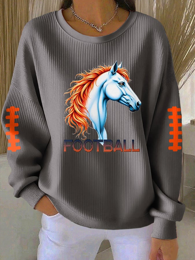 Women's Rugby Print Knit Crew Neck Long-Sleeved Top