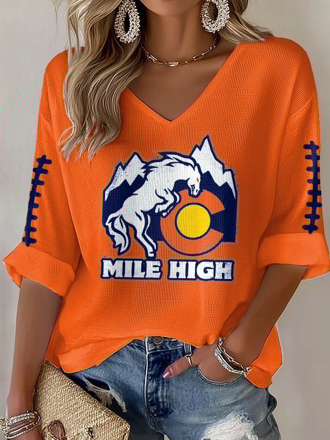 Women's Rugby Print Waffle Long Sleeve T-Shirt