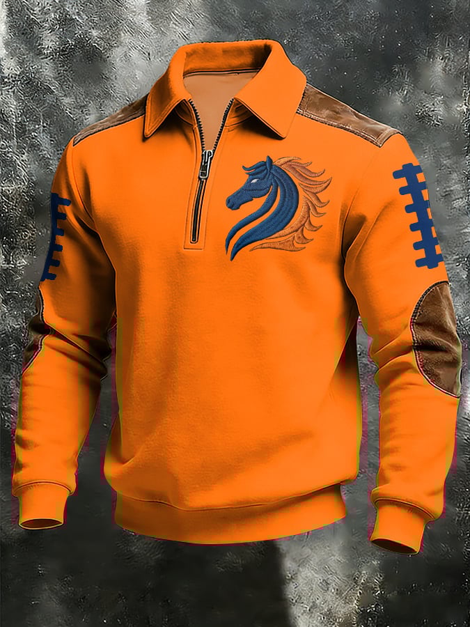 Men's Vintage Football Design Print Casual Zipper Sweatshirt