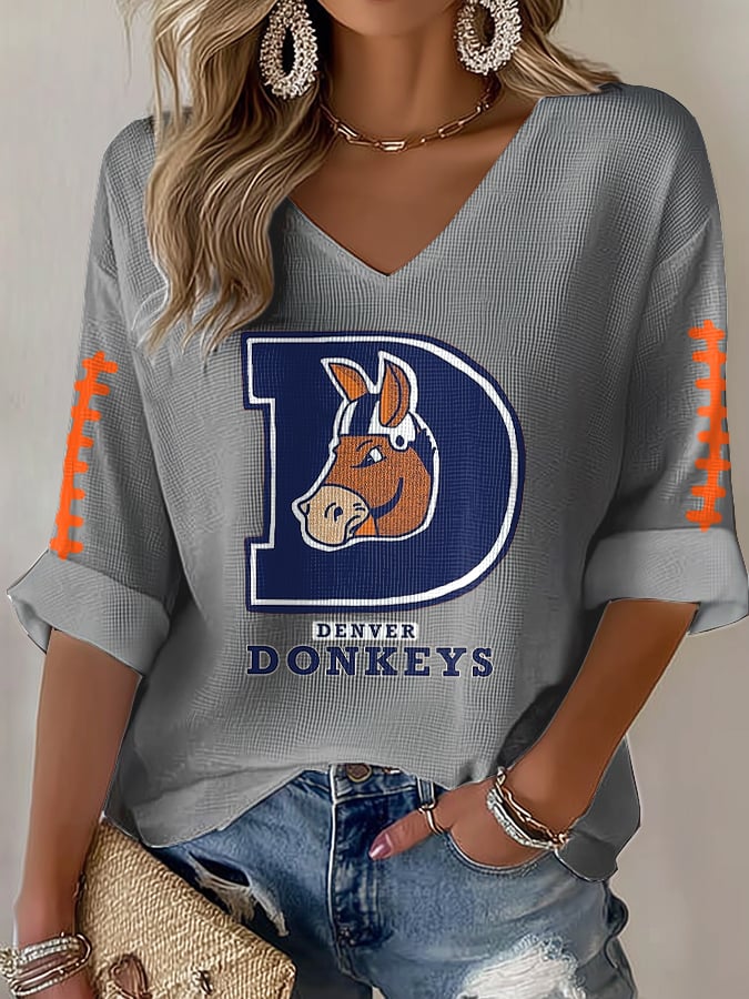 Women's Rugby Print Waffle Long Sleeve T-Shirt