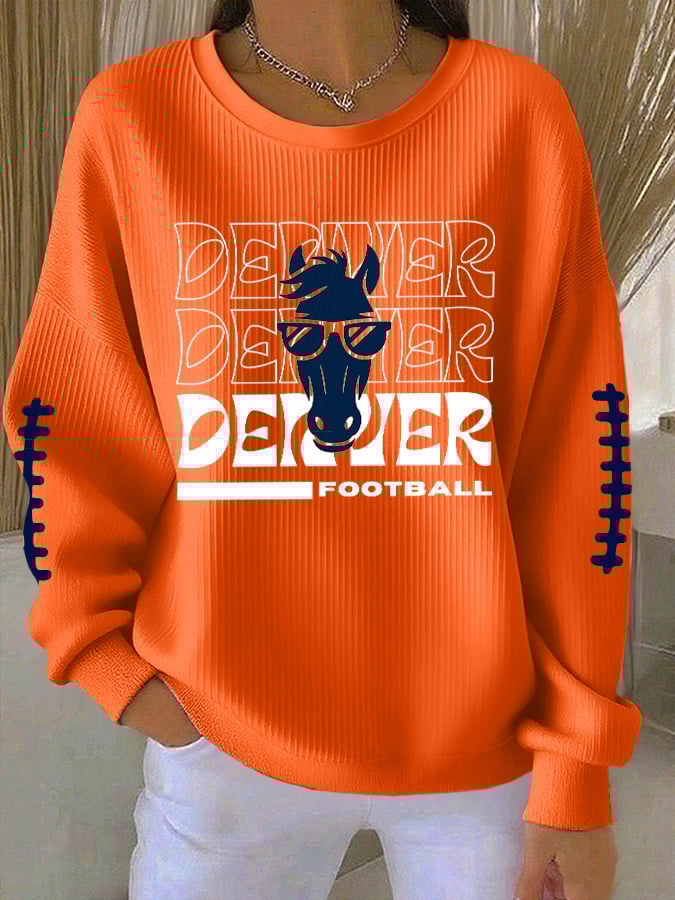 Women's Rugby Print Knit Crew Neck Long Sleeve Top