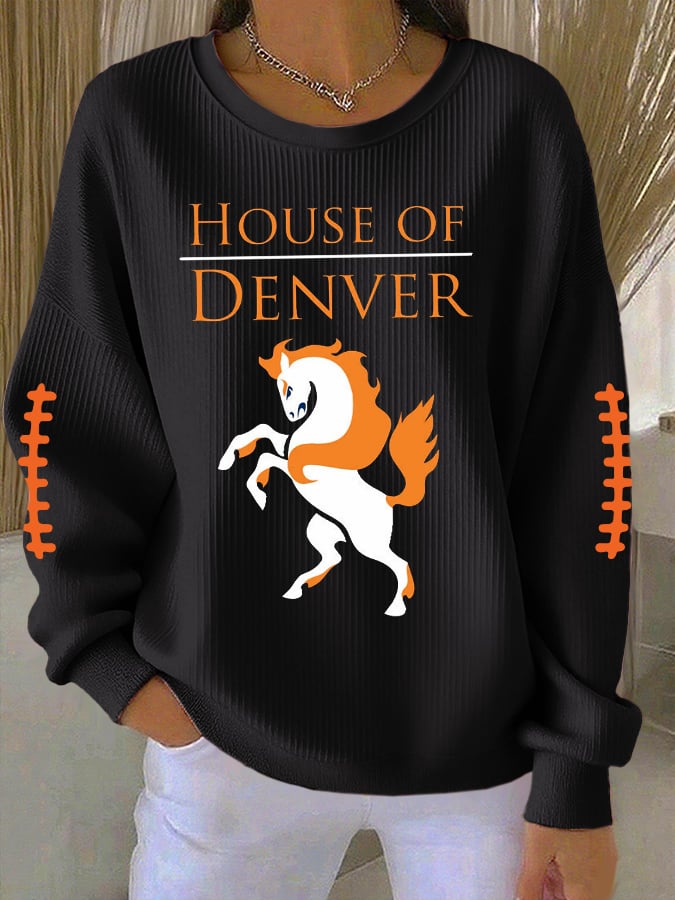 Women's Rugby Print Knit Crew Neck Long Sleeve Top