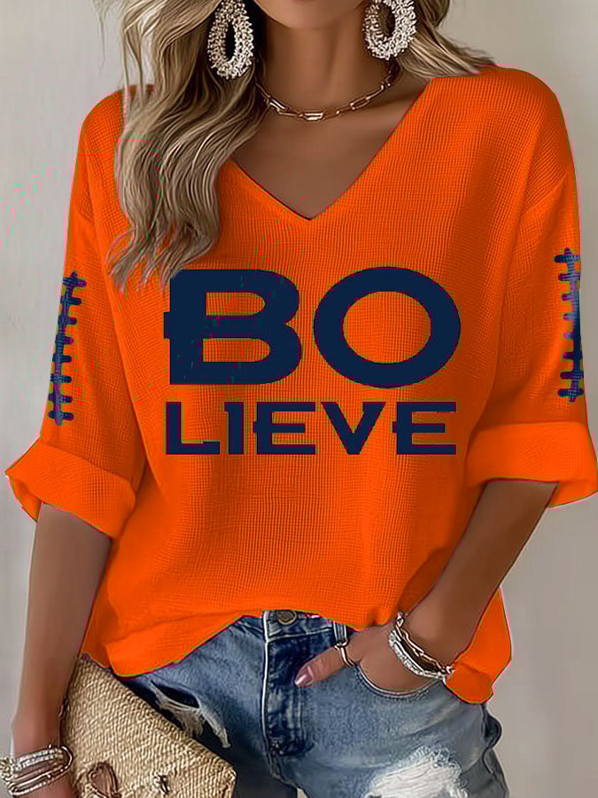 Women's Football Print Waffle Long Sleeve T-Shirt