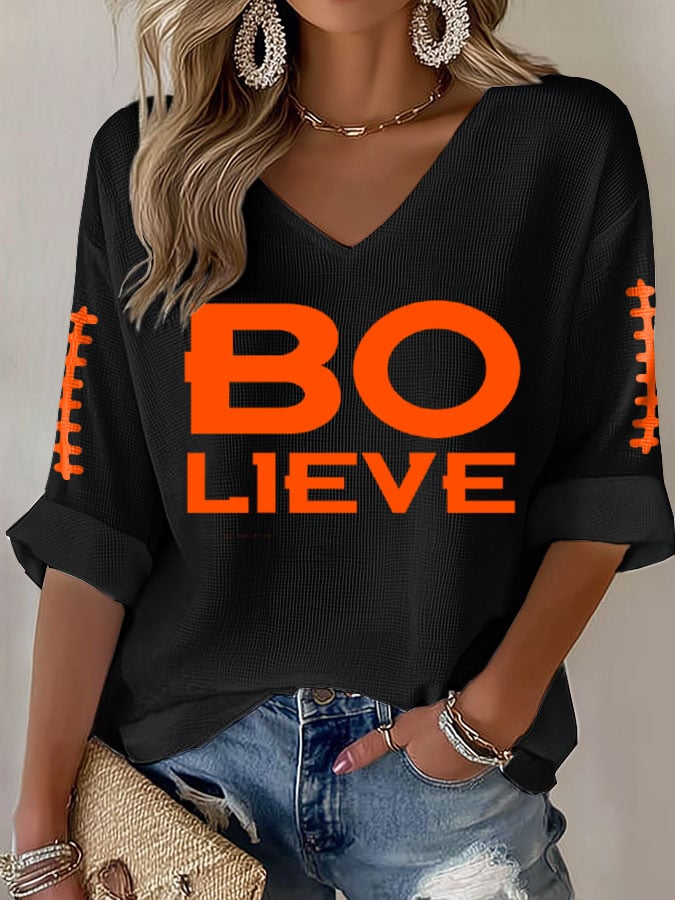 Women's Football Print Waffle Long Sleeve T-Shirt