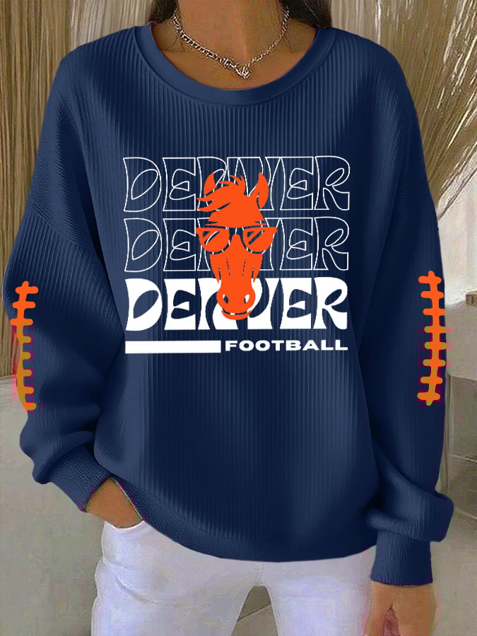 Women's Rugby Print Knit Crew Neck Long Sleeve Top