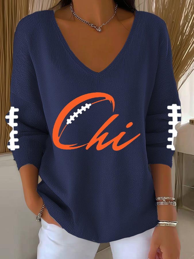 Women's Football Print V-Neck Casual Knitted Sweater