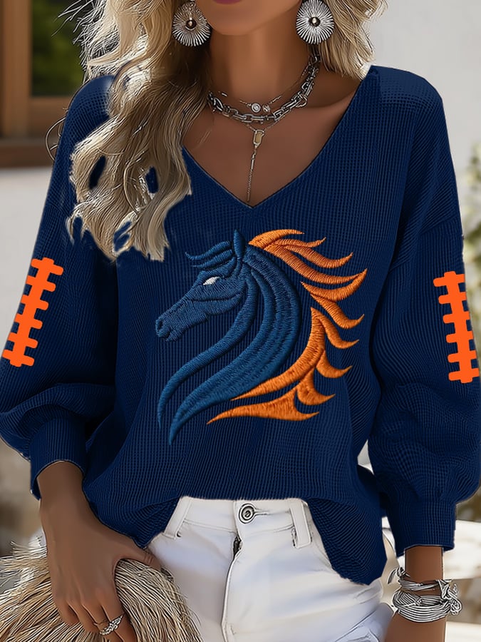 Women's Casual Rugby Print Puff Sleeve Top