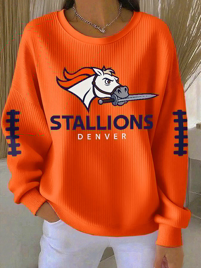 Women's Rugby Print Knit Crew Neck Long-Sleeved Top