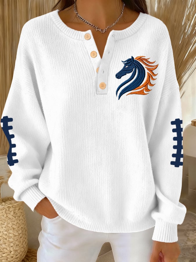 Women's rugby print knit button top