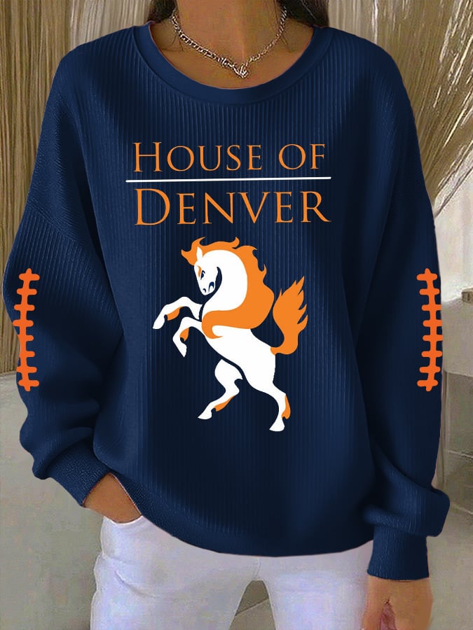 Women's Rugby Print Knit Crew Neck Long Sleeve Top