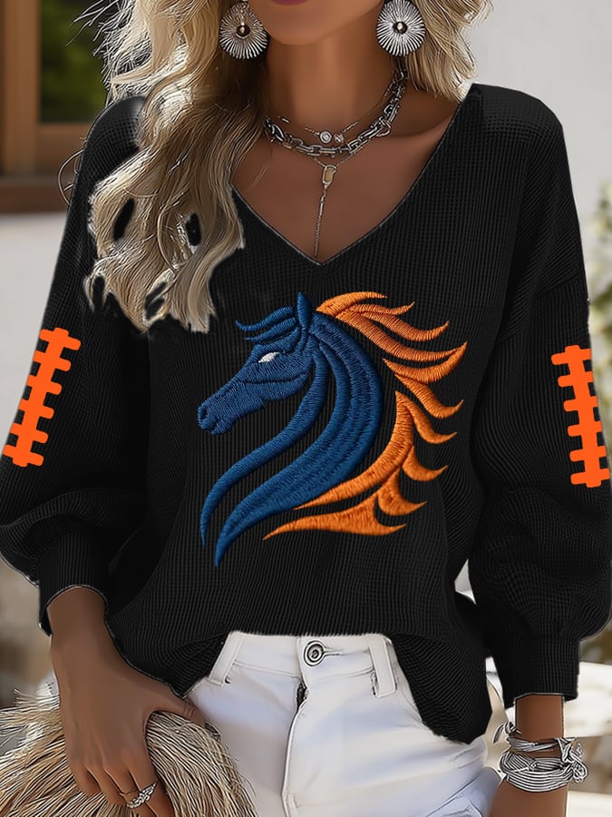 Women's Casual Rugby Print Puff Sleeve Top