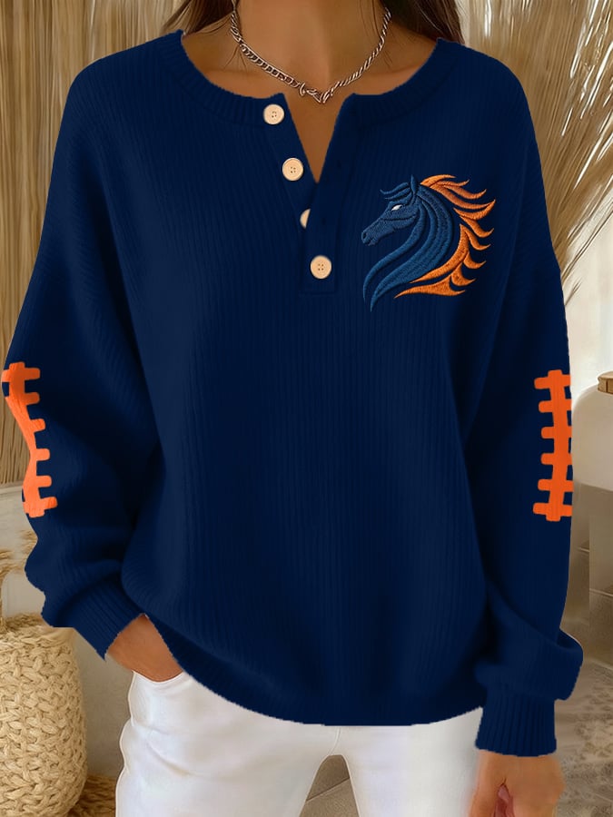 Women's rugby print knit button top