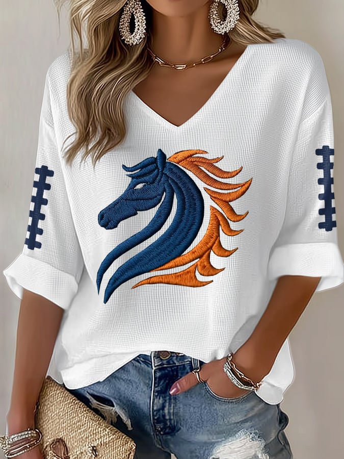 Women's Rugby Print Waffle Long Sleeve T-Shirt