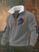 Men's rugby print knit sweatshirt with zipper and fur collar