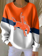 Women's Rugby Print Knit Crew Neck Long-Sleeved Top