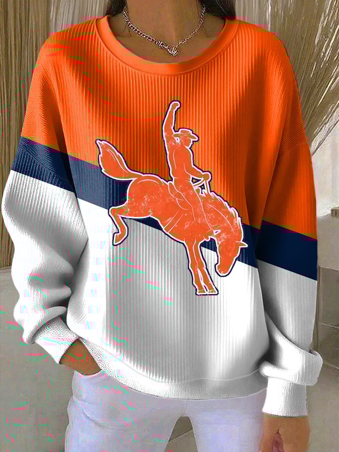 Women's Rugby Print Knit Crew Neck Long-Sleeved Top