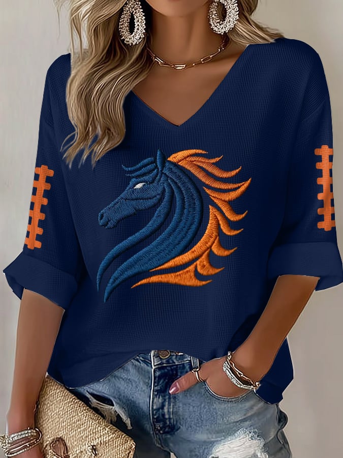 Women's Rugby Print Waffle Long Sleeve T-Shirt