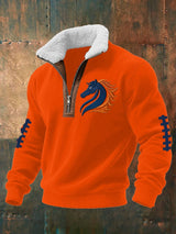 Men's rugby print knit sweatshirt with zipper and fur collar