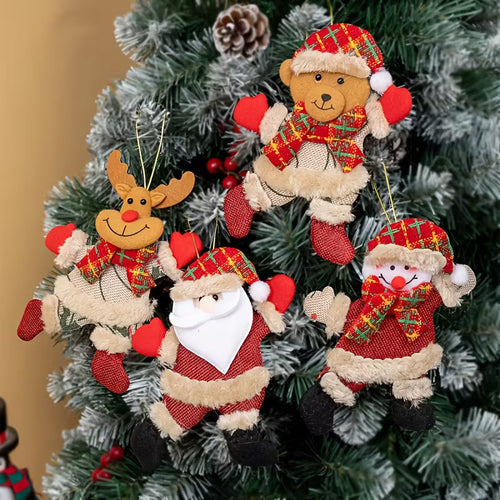 12pcs Festive Christmas Tree Ornaments - Santa, Snowman, Reindeer & Bear Figures with Red & White Scarves, Golden Balls & Red Bows - Perfect for Holiday Decor, Christmas Decorations
