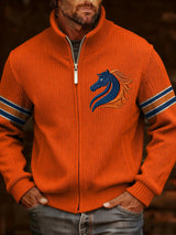 Men's Retro Rugby Print Knit Jacquard Zipper Plush Comfort Jacket