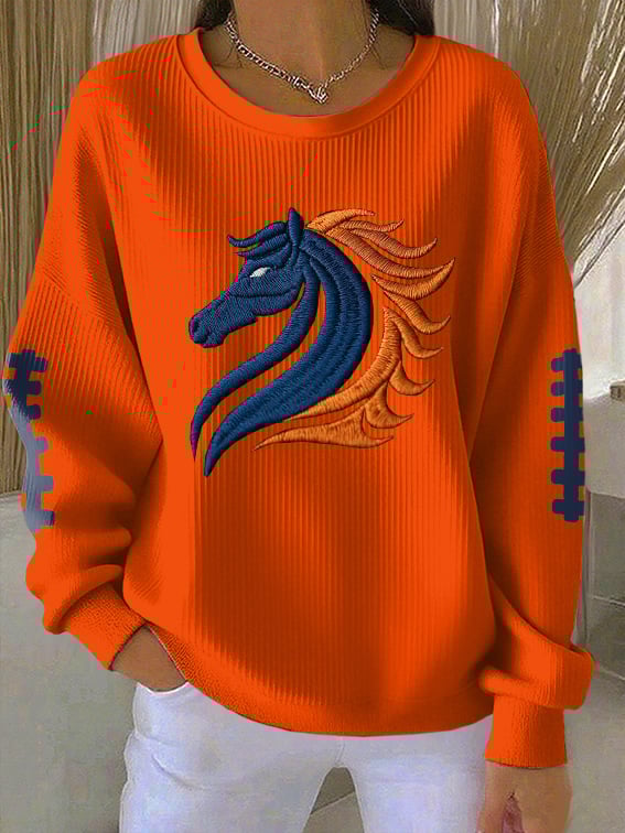 Women's Rugby Print Knit Crew Neck Long Sleeve Top