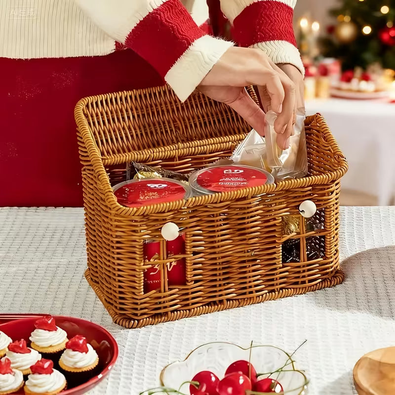 Handwoven House-Shaped Basket with Lid - Party Candy Storage, Gift Box, Desktop Organizer, Farmhouse Home Decor, Christmas/Halloween/Thanksgiving/Wedding/Birthday Present. Cute Plastic Box for Coffee/Tea/Snacks, Suitable for All 4 Seasons