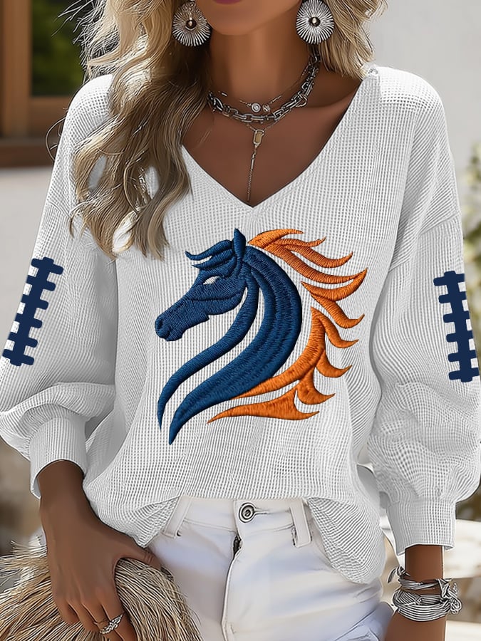 Women's Casual Rugby Print Puff Sleeve Top