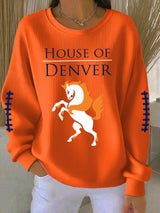 Women's Rugby Print Knit Crew Neck Long Sleeve Top