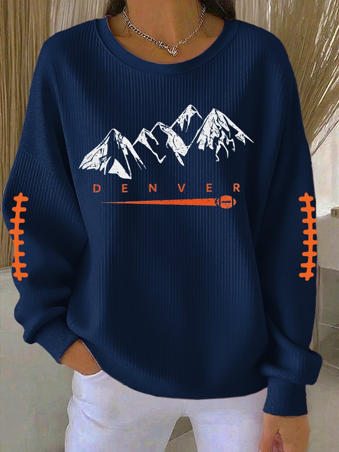 Women's Rugby Print Knit Crew Neck Long Sleeve Top