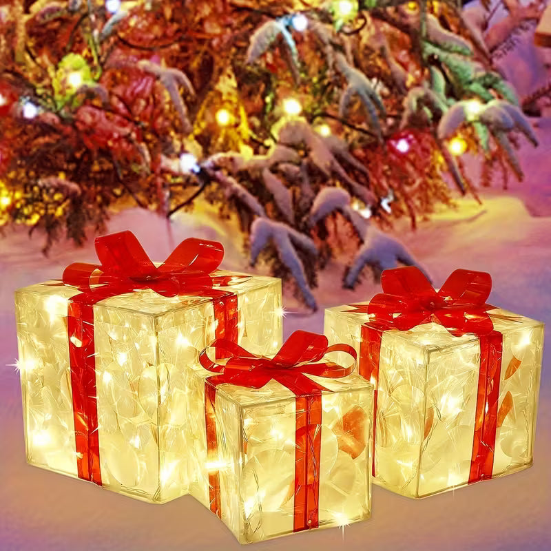 Set of 3 Christmas Lighted Gift Boxes, Transparent Warm White Lighted Christmas Box Decrations, Presents Boxs with Red Bows for Christams Tree, Yard, Home, Christams Decorations outdoor, Seasonal Ornaments, Holiday Decorations, Classic Christmas
