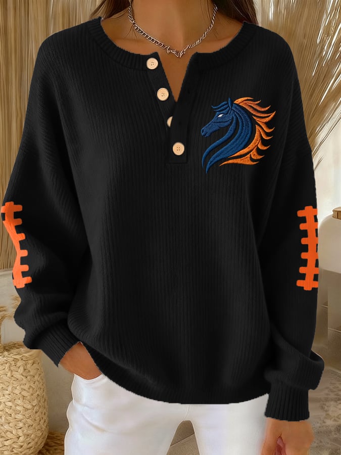 Women's rugby print knit button top