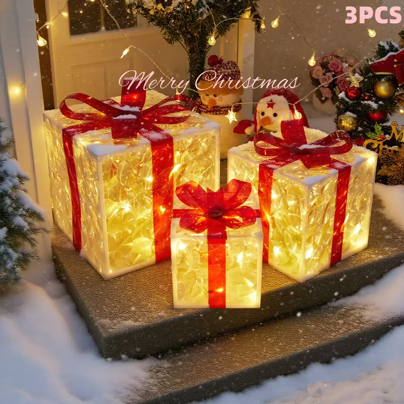 3pcs Lighted Christmas Gift Box Set with Warm LED Lights & Snowy Ribbon Bows - Battery-Powered Indoor/Outdoor Plastic Decorations with Stake Installation, Classic Winter Design for Xmas Tree, Yard, Home - Cordless Holiday Decor (Batteries Not Includ