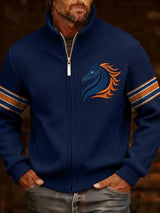 Men's Retro Rugby Print Knit Jacquard Zipper Plush Comfort Jacket