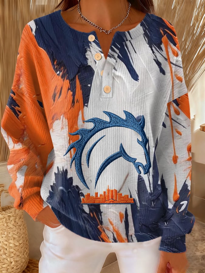 Women's Football Print Knit Button Top