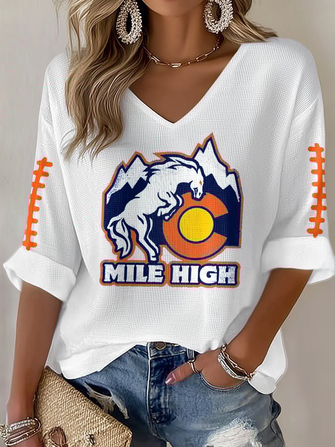 Women's Rugby Print Waffle Long Sleeve T-Shirt