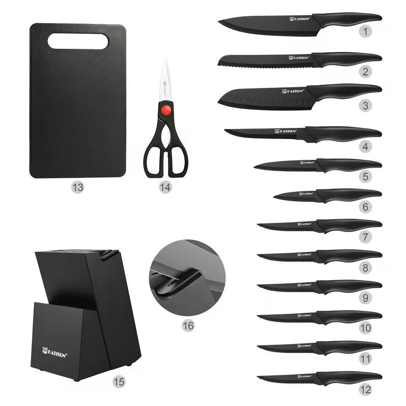15pcs Professional Black-Coded Kitchen Knife Set With Black Wooden Block, Non-Slip ABS Handle Chef'S Knife, Plastic Cutting Board, And Kitchen Shears. Ideal For Home And Restaurant Use. The Perfect Gift For Thanksgiving, Christmas, And New Year.