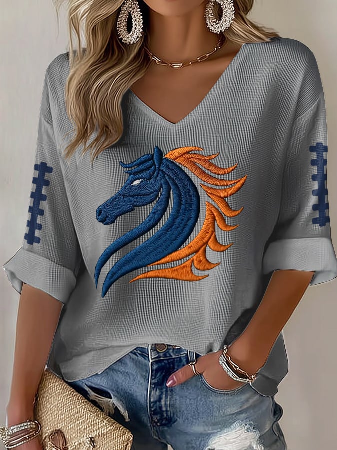 Women's Rugby Print Waffle Long Sleeve T-Shirt