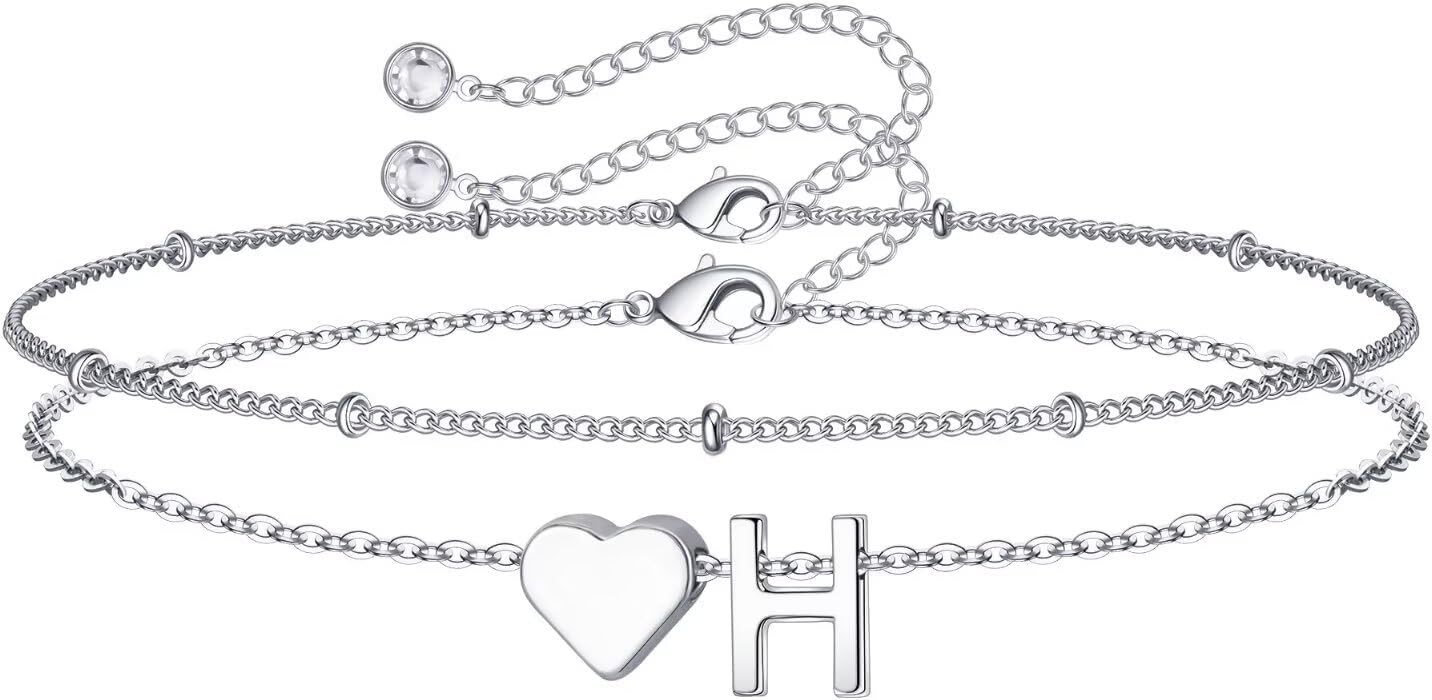 14K-Gold-Plated Heart Initial Bracelets for Women Girl Dainty Gold